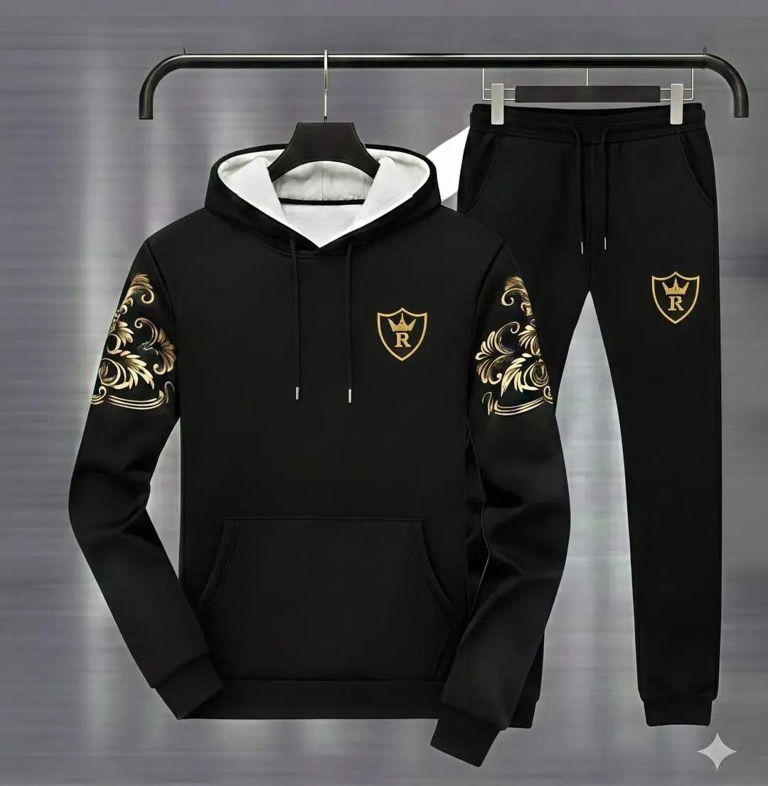 Men Black Royal Crest Hoodie Track sute with Gold Floral Sleeves