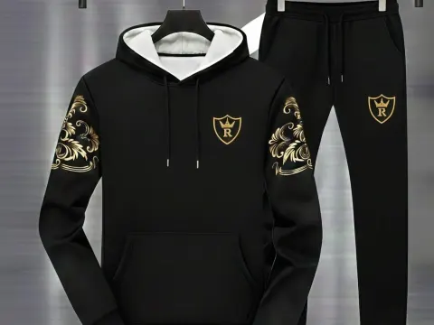 Men Black Royal Crest Hoodie Track sute with Gold Floral Sleeves